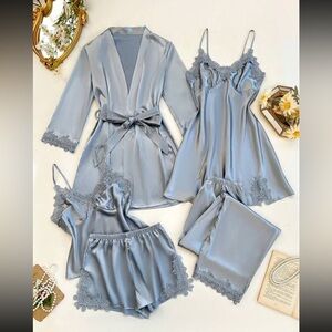 Elegant Women's Satin Sleepwear Set in Light Blue size XL